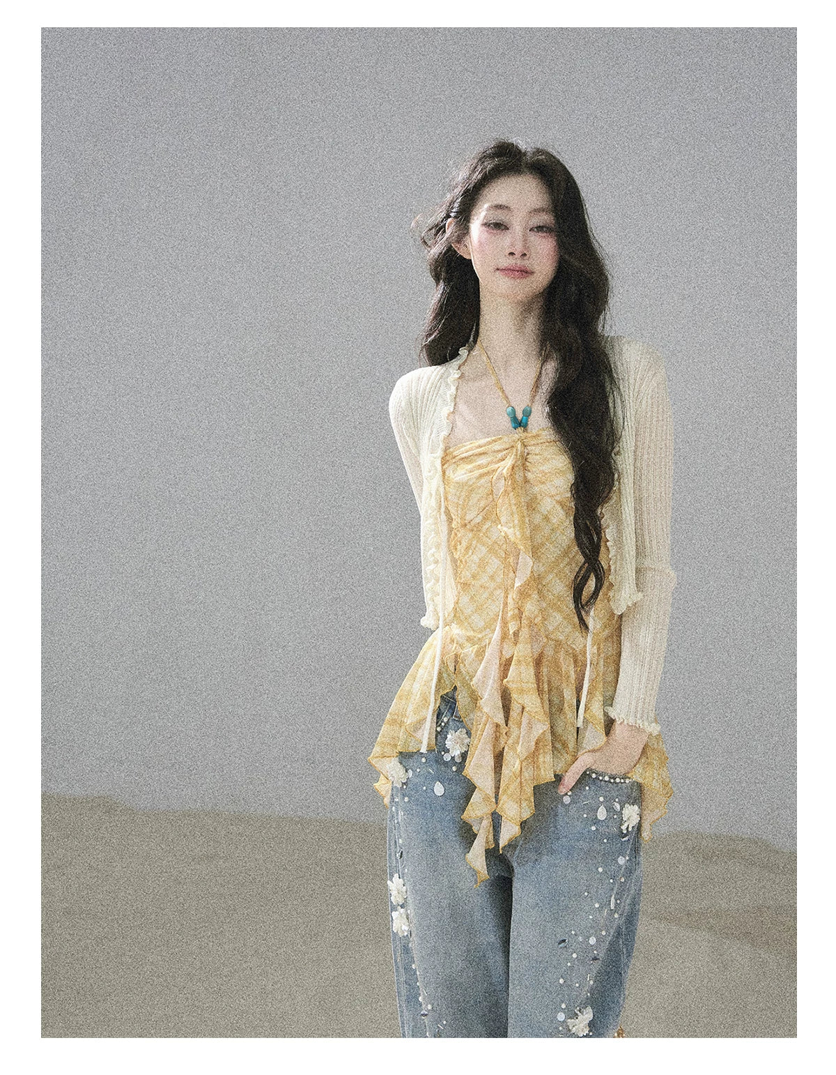 "Fields of Provence" Goose Yellow Halter Plaid Waist-Cinched Top