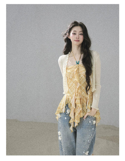 "Fields of Provence" Goose Yellow Halter Plaid Waist-Cinched Top