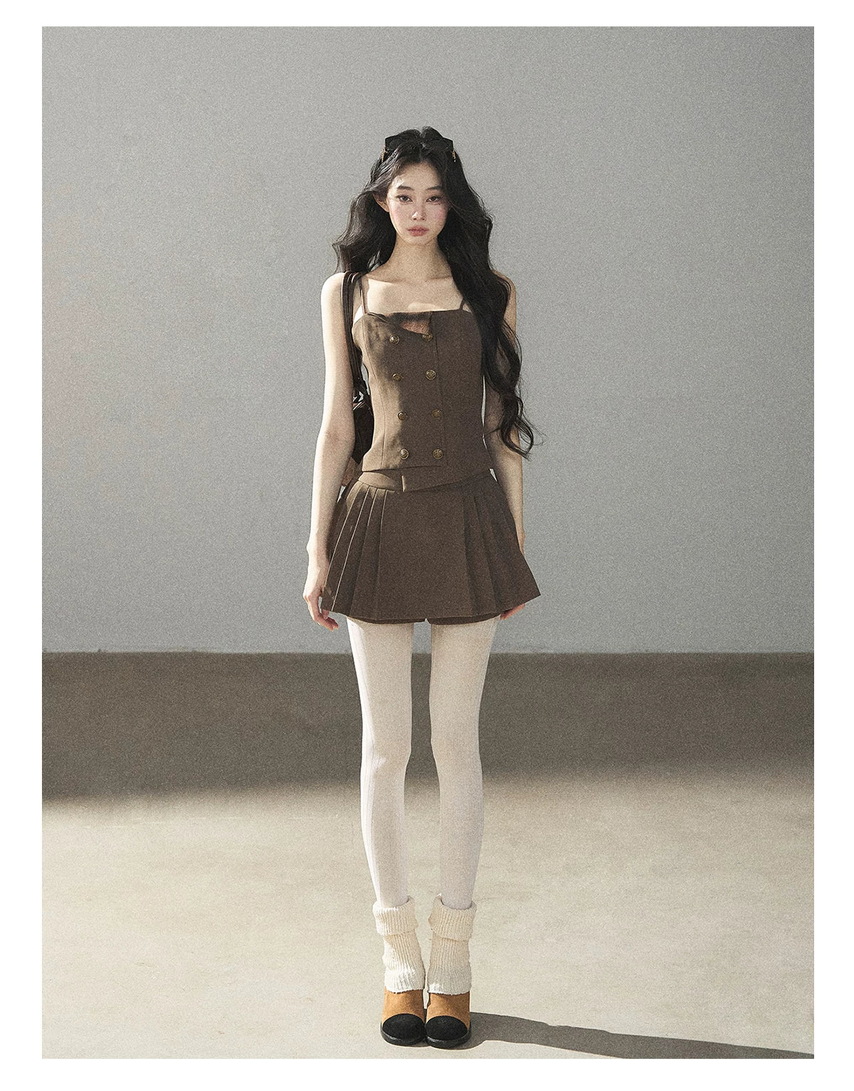 AOMALM - “Evening Breeze in the Valley” Chestnut Brown Blazer, Cami & Pleated Skort Set