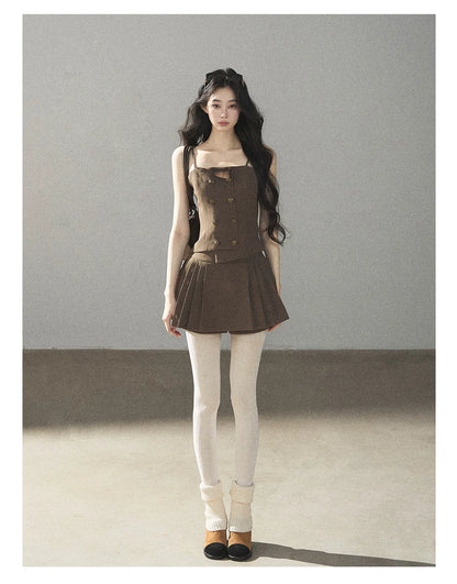 AOMALM - “Evening Breeze in the Valley” Chestnut Brown Blazer, Cami & Pleated Skort Set