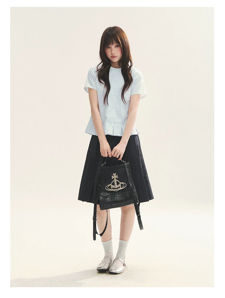 "Citrus Sea Salt" Stripe Lace Peter Pan Collar Pleated Shirt (White Blue / Blue White)