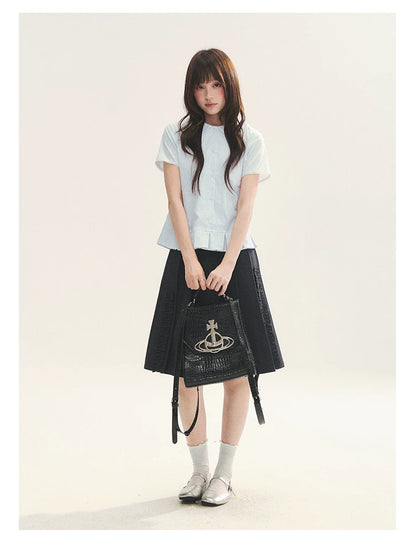 "Citrus Sea Salt" Stripe Lace Peter Pan Collar Pleated Shirt (White Blue / Blue White)