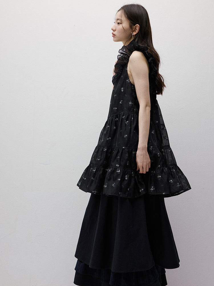 FUSSED Dropping Flora Burnout Floral Babydoll Dress – Dark Blue Short Version FOF-25SS036b