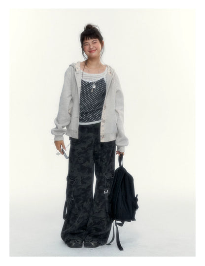 “Blooming Reverie” Light Heather Gray Floral Hooded Cardigan Sweatshirt