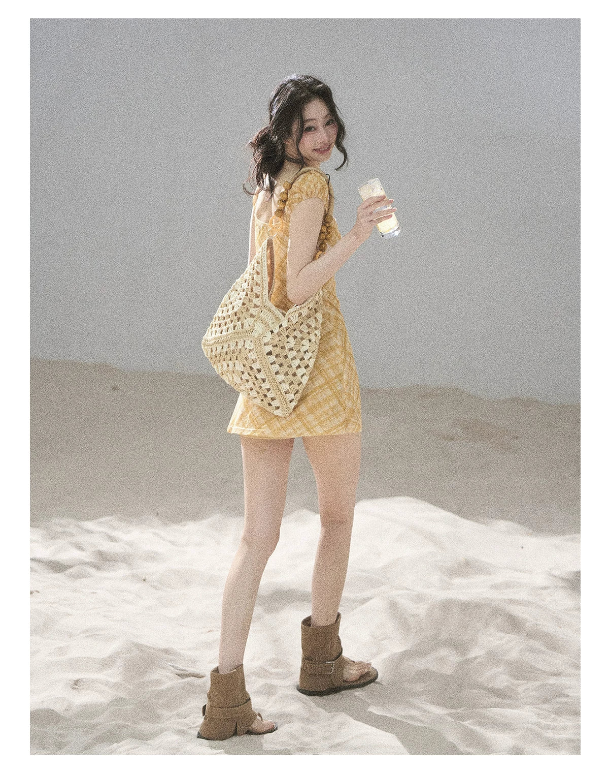 "Golden Wheat Whisper" Goose Yellow Lace Diamond Mini Dress