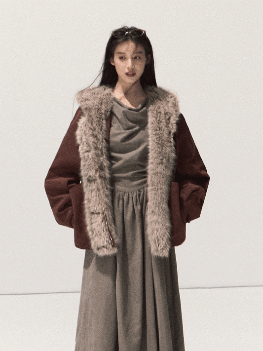 OAKMOO/ Burgundy Red Faux Suede Hooded Jacket with Ombre Faux Fur