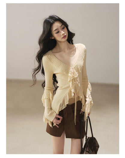 AOMALM - "The Gap of Light" Cheese Yellow Korean Ruffle Lace-Trim Knit Cardigan