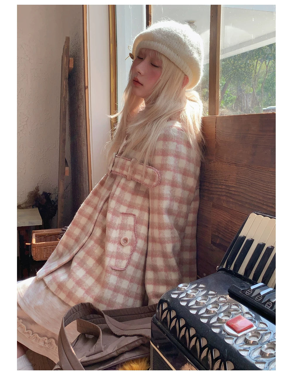 RF - Dusty Pink Plaid Wool-Look Coat with Detachable Fur Collar