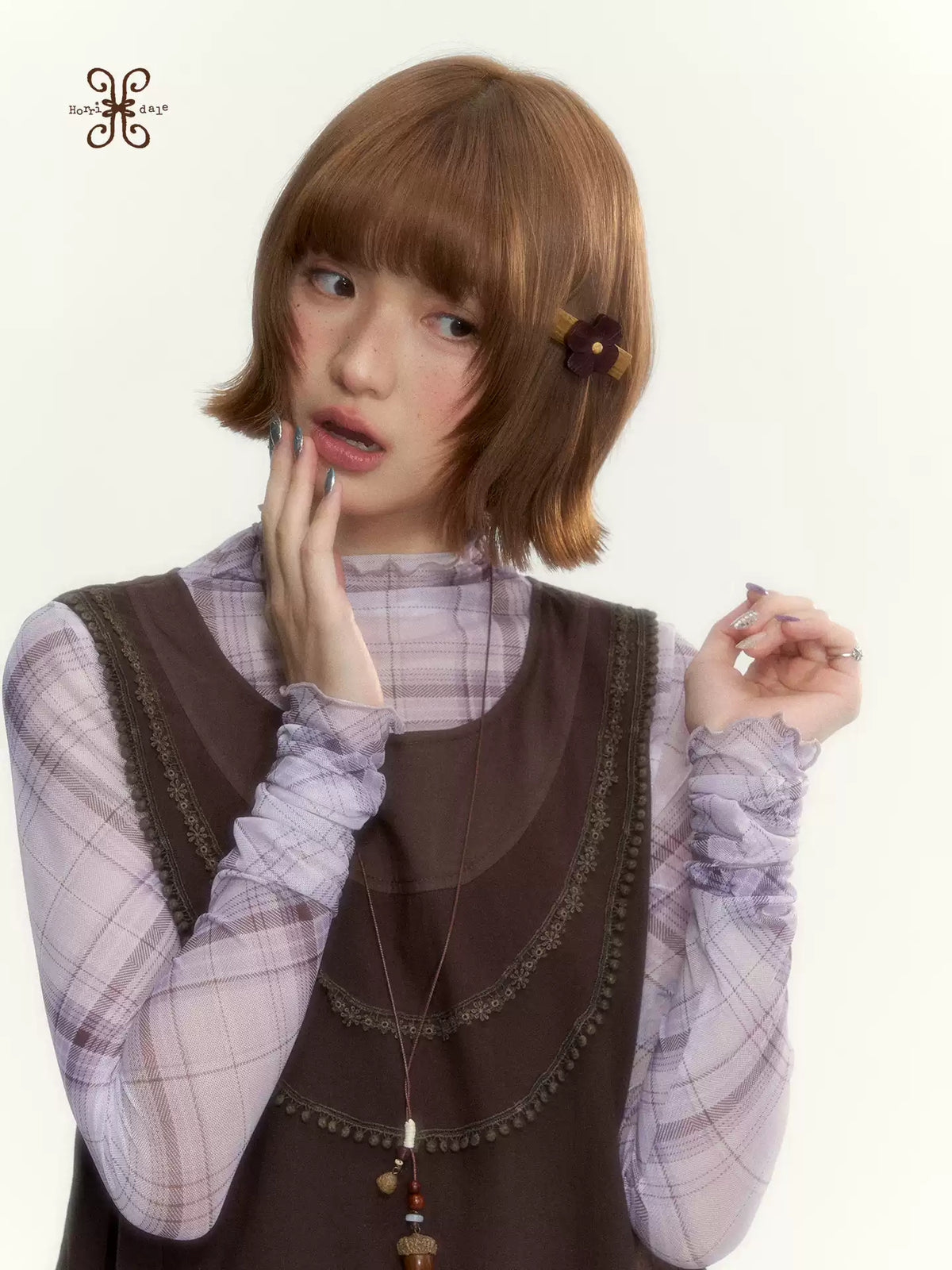 "Caramel Afterglow" Cocoa Brown Lace-Trim A-Line Dress Set with Purple Plaid Layering Top