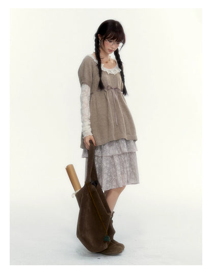 “Everyday Mist” Jacquard Lace Layering Top ( Ivory / Fog Gray )
