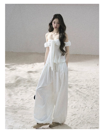 "Lazy Soliloquy" White Peplum Top & Wide-Leg Pants Set