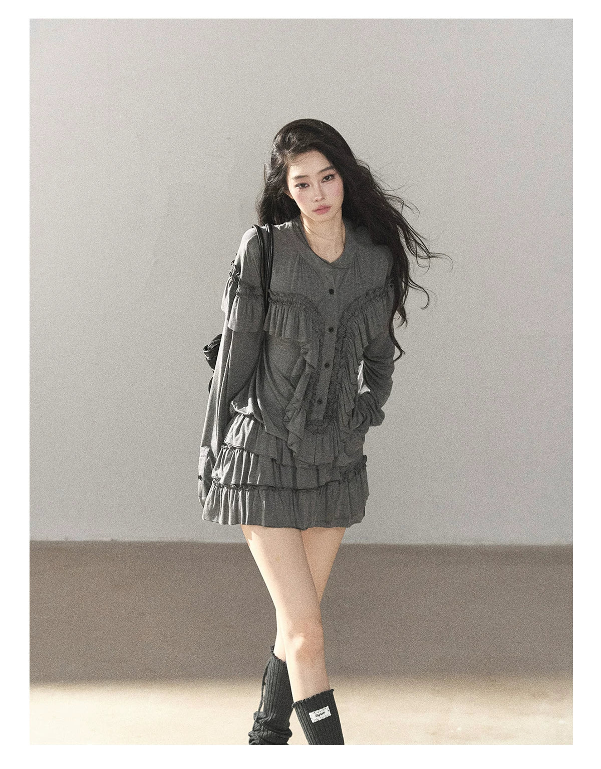 AOMALM - "Echoes in the Folds" Pearl Gray Relaxed Layered Mini Skort Set