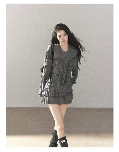 AOMALM - "Echoes in the Folds" Pearl Gray Relaxed Layered Mini Skort Set