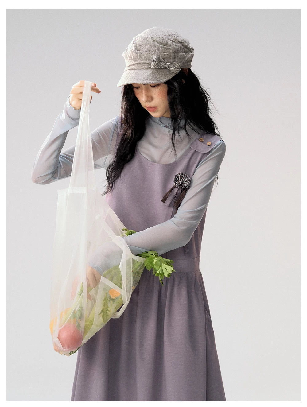[CAN] "Violet Floral Bow" Purple Lace-Trim A-Line Pinafore Dress