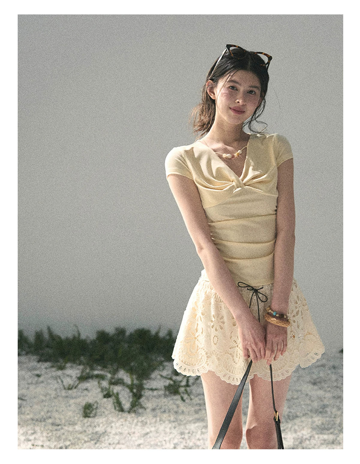 “Sheer Spring Whisper” Milkshake Yellow Twist V-Neck Top