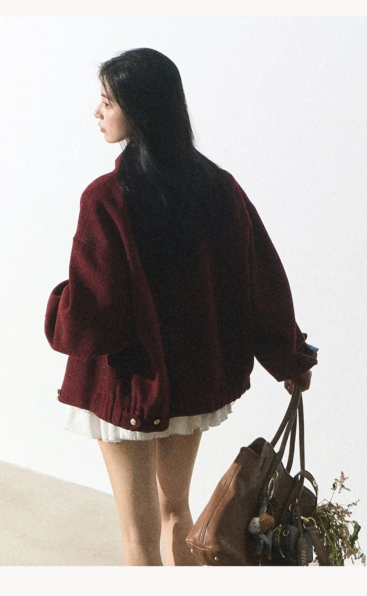 OAKMOO/ "Plum Blossom Mood" Angora Red Wool-Blend Harrington Jacket
