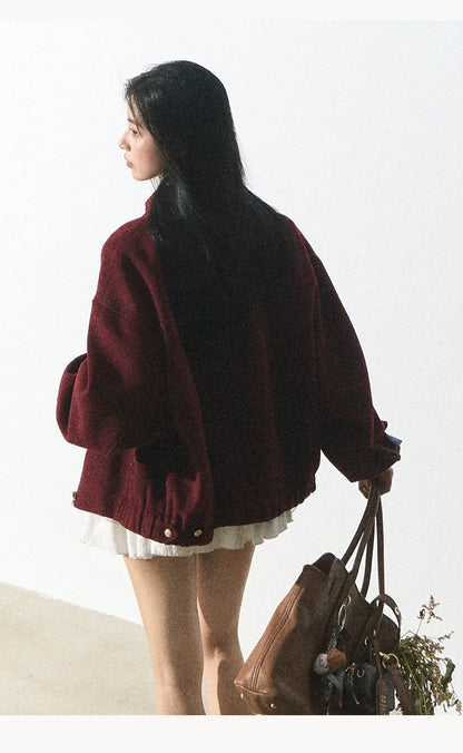 OAKMOO/ "Plum Blossom Mood" Angora Red Wool-Blend Harrington Jacket