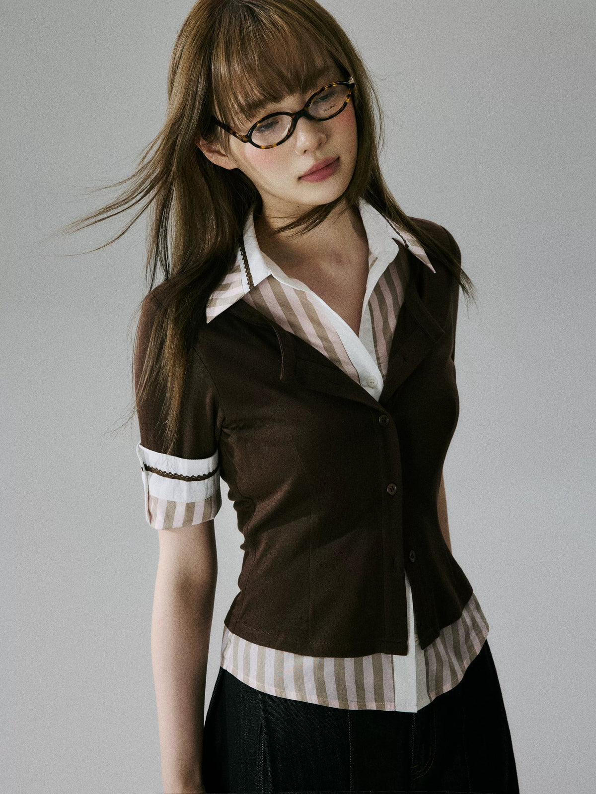LOST FOREST - Brown & Pink Faux-Layered Lyocell Wool Top