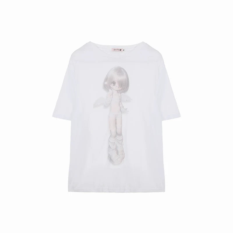 Gray & White Angel Original Licensed Two-Tone Vintage BJD Sheer Knit Cover-Up T-Shirt