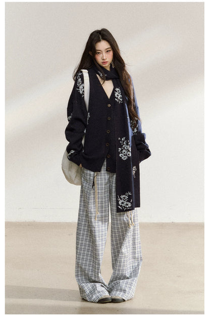 JN's DESIGN - Navy Blue Floral Jacquard V-Neck Cardigan