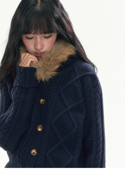 [CAN] Cable Knit Hooded Cardigan (Navy / Dusty Pink)