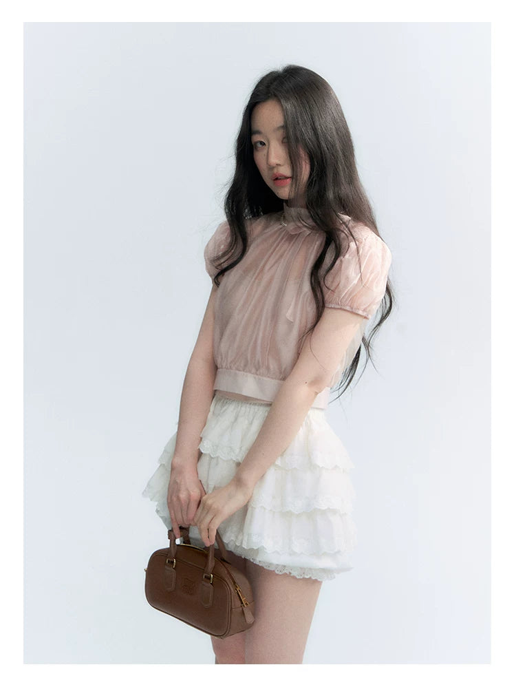 Vintage Stand Collar Bow Puff Sleeve Waist-Cinching Blouse with Knit Cami Set