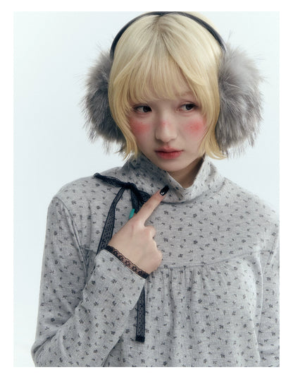 Floral Bow Lace-Tie Knit Top (Gray Floral / Light Khaki Beige)