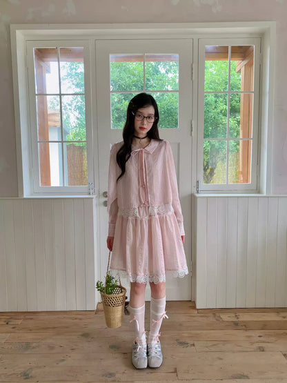 [RF] “Blush Cloud Reverie” Pink Lace-Trim Stripe Blouse & Skirt Set