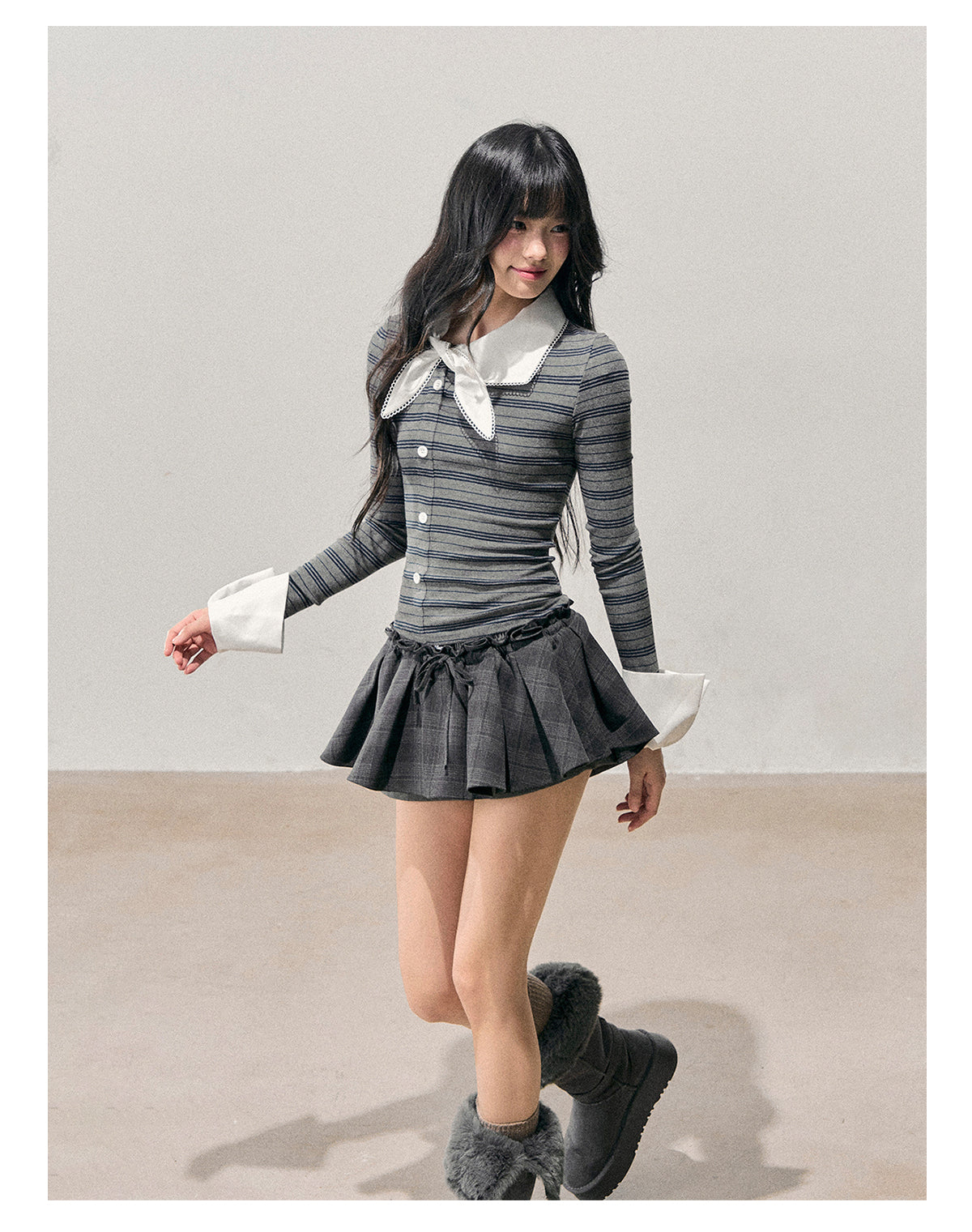 少也眼 “The Unsent Mailbox” Faux-Layered Stripe Long-Sleeve Top 26484