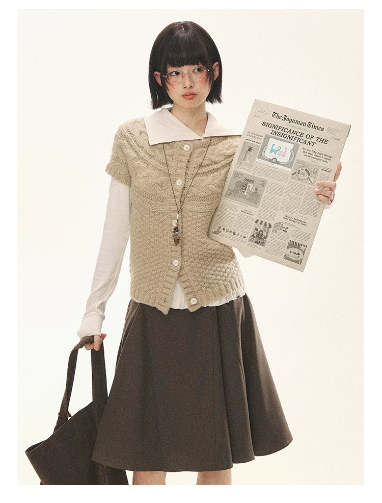 "Rice Knit" Wool-Blend Short Sleeve Knit Cardigan (Moss Coffee Green/ Dusk Dusty Pink)