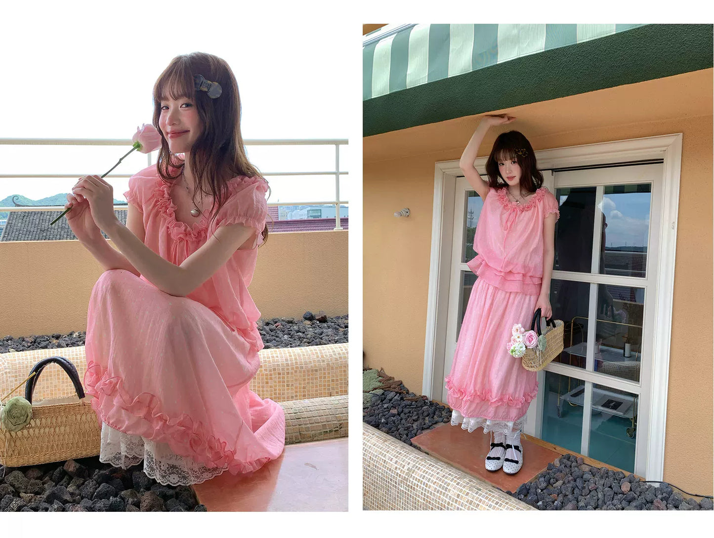 [RF] “Peach Picnic Reverie” Pink Plaid Two-Piece Skirt Set