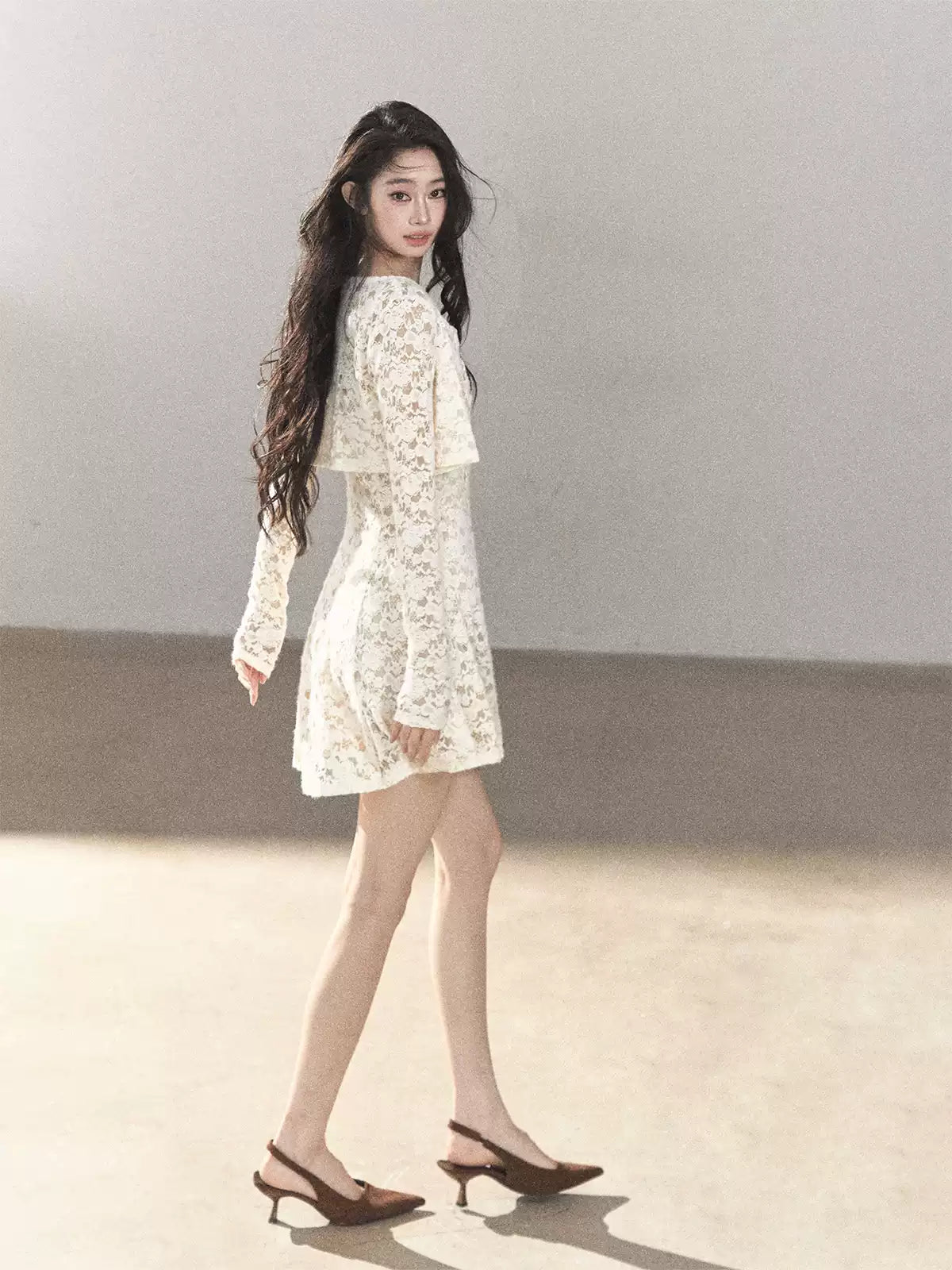 AOMALM - "Moonlight on the Floor" Dutch Cream Lace Cami Dress & Cardigan Set