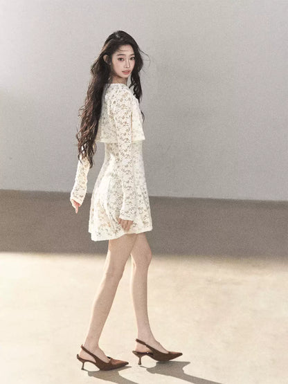 AOMALM - "Moonlight on the Floor" Dutch Cream Lace Cami Dress & Cardigan Set