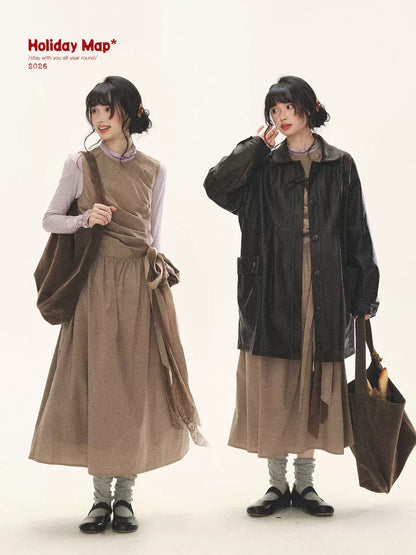 "Cream Cocoa" Cream Cocoa Ruched Bow Pinafore Maxi Dress