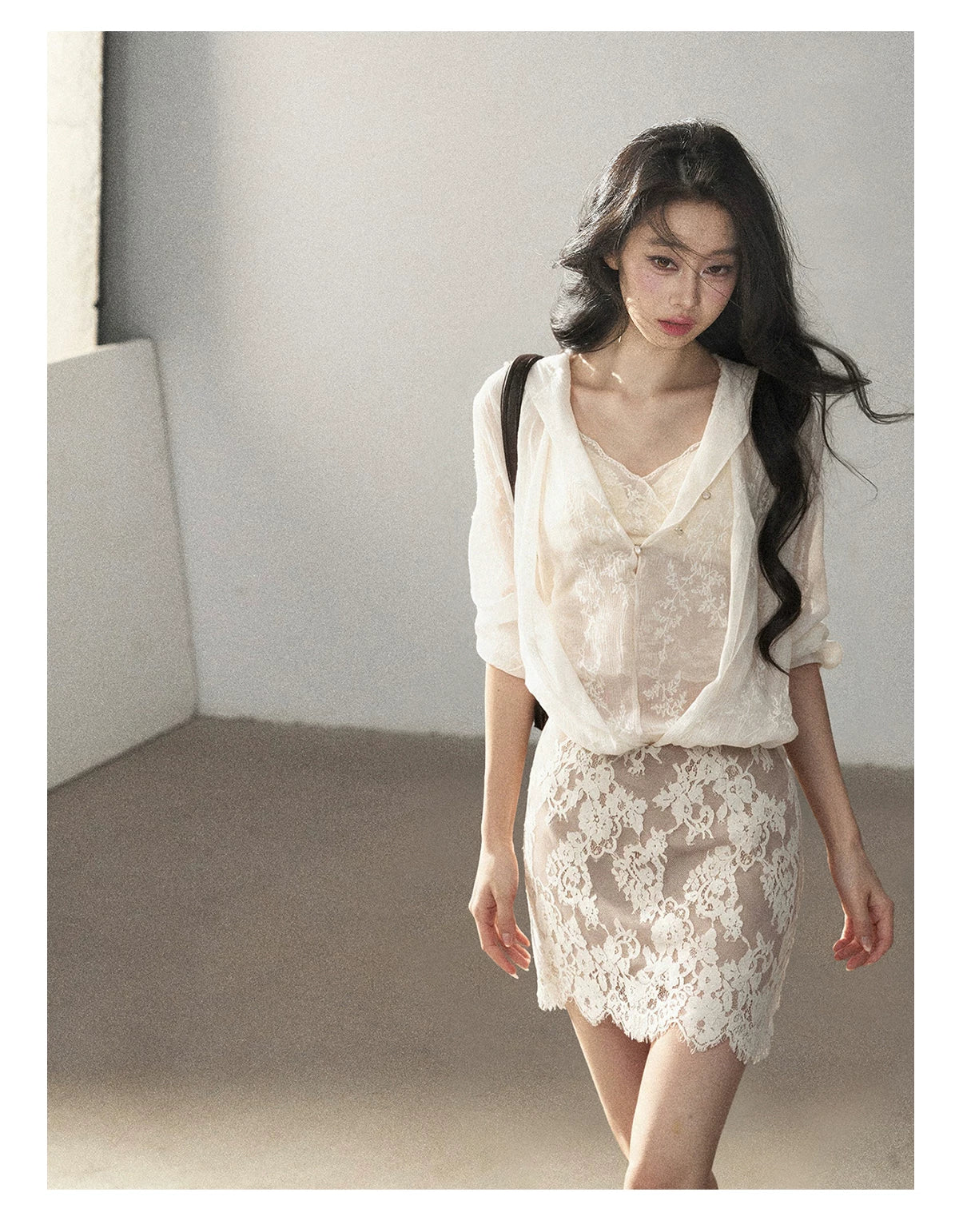 AOMALM - Cream Lace Mini Dress with Scalloped V-Neck (With Inner Bra)