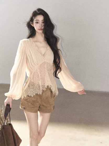 AOMALM - Blush Pink Lace-Trim Chiffon Blouse & Cami Set