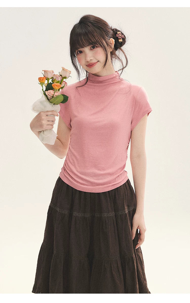 "Rose Haze" Dusty Pink Mock Neck Ruched Puff Sleeve Top