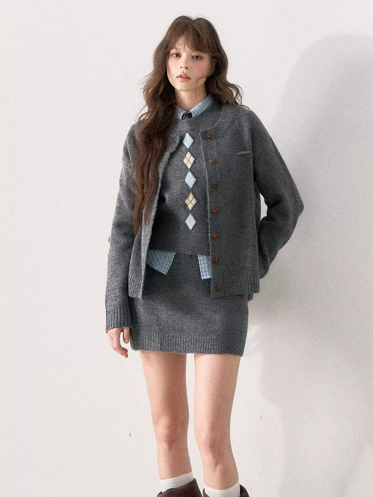 [TMMG] British Collegiate Gray Diamond Knit 3-Piece Set