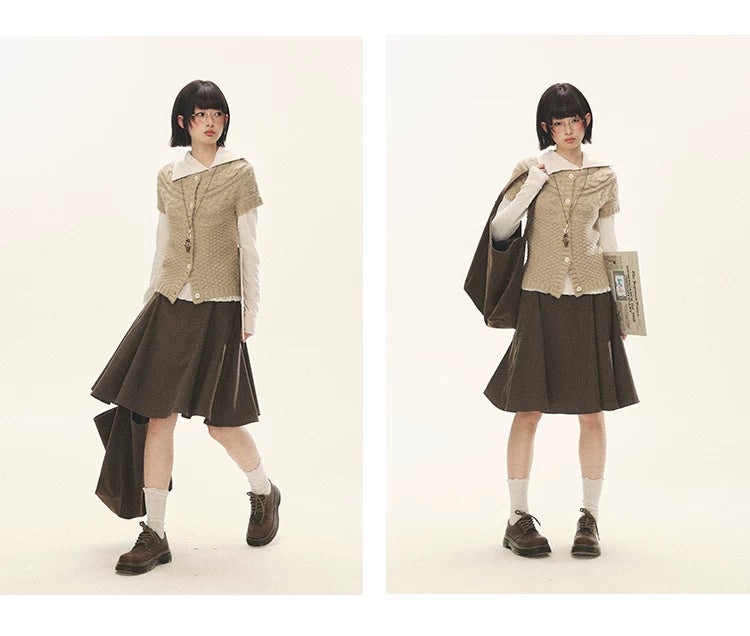 "Rice Knit" Wool-Blend Short Sleeve Knit Cardigan (Moss Coffee Green/ Dusk Dusty Pink)