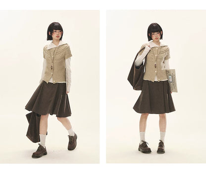 "Rice Knit" Wool-Blend Short Sleeve Knit Cardigan (Moss Coffee Green/ Dusk Dusty Pink)