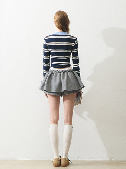 "路过书店" Miu-Inspired Contrast Stripe Faux-Layered Knit Top