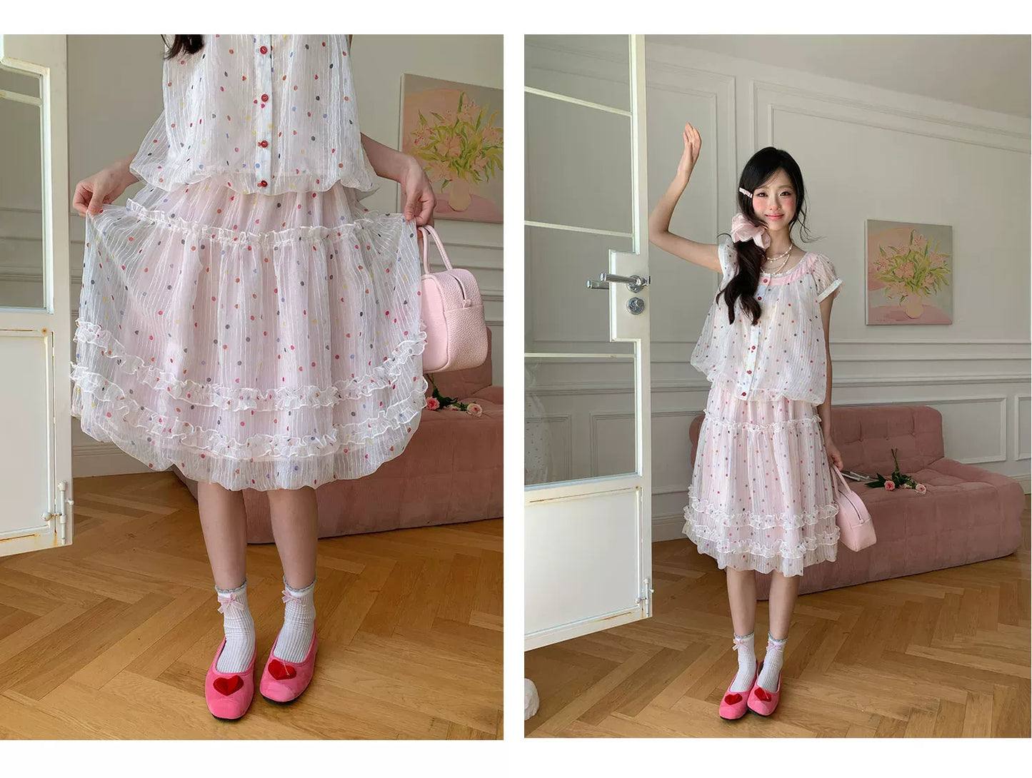 “Strawberry Boba Daydream” Pink Polka Dot Bubble Skirt Set