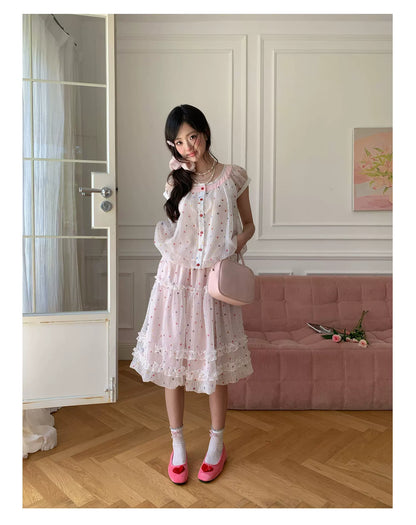 “Strawberry Boba Daydream” Pink Polka Dot Bubble Skirt Set