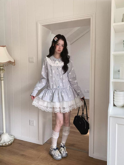[[RF] “Blue Plaid Cloud Blossom” Baby Blue Plaid Long-Sleeve Ruffle Waist-Defined Dress