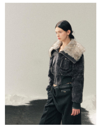 少也眼 "Defocused Dreams" Melard Leopard Utility Cropped Jacket - Graphite Gray