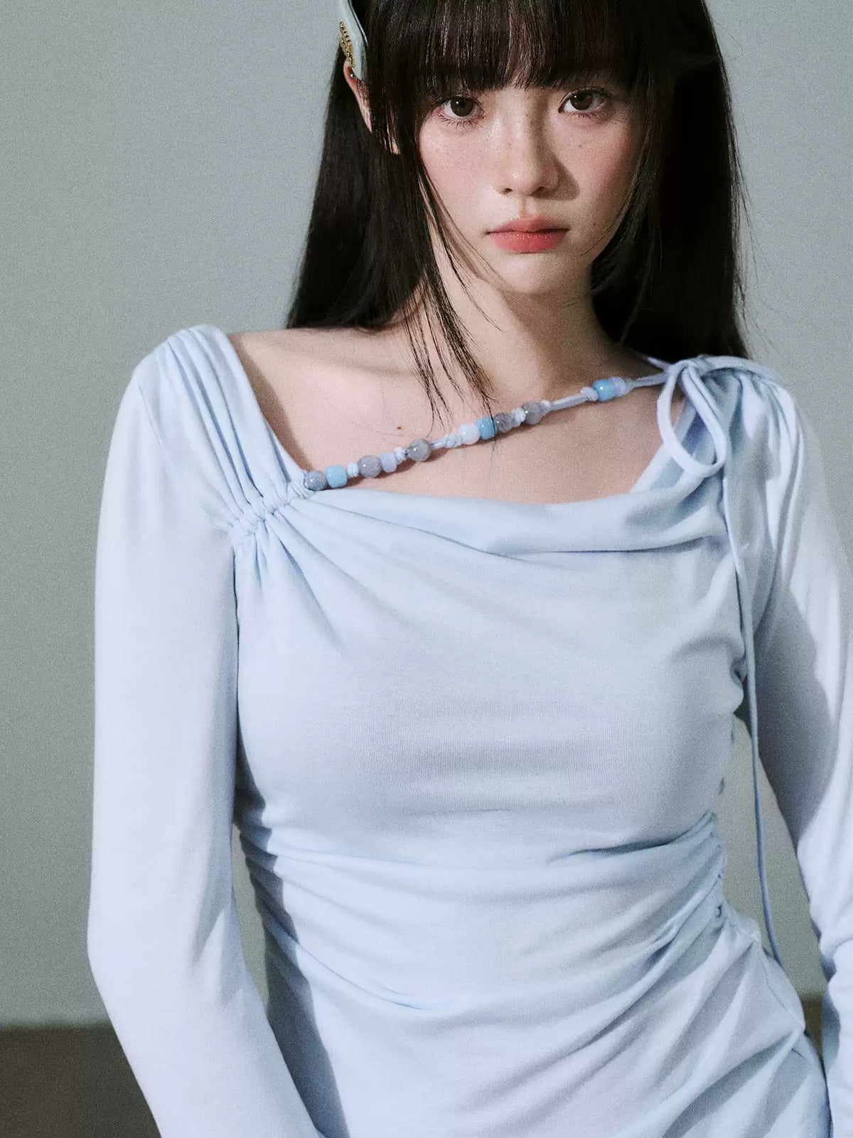 LOST FOREST - Sky Blue Lyocell Cowl-Neck Long Sleeve Top with Handmade Beading