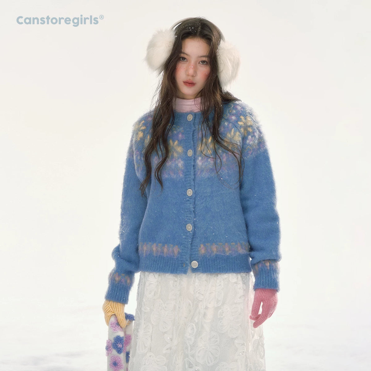 CANSTORE - "Blue Sky Echo" Fair Isle Bow Jacquard Knit Cardigan