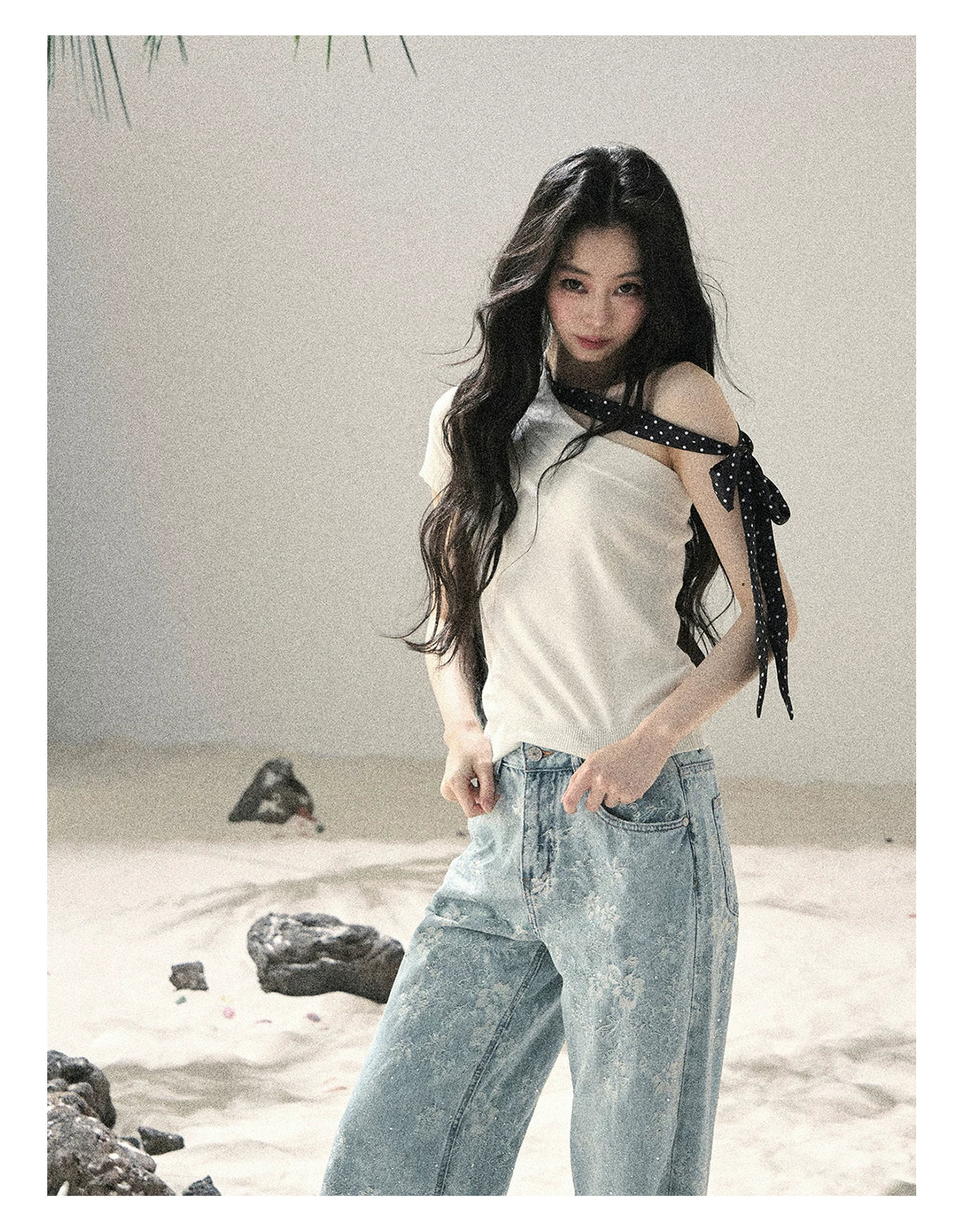 "Morning Dew & Evening Breeze" Cheese White One-Shoulder Polka Dot Crop Top