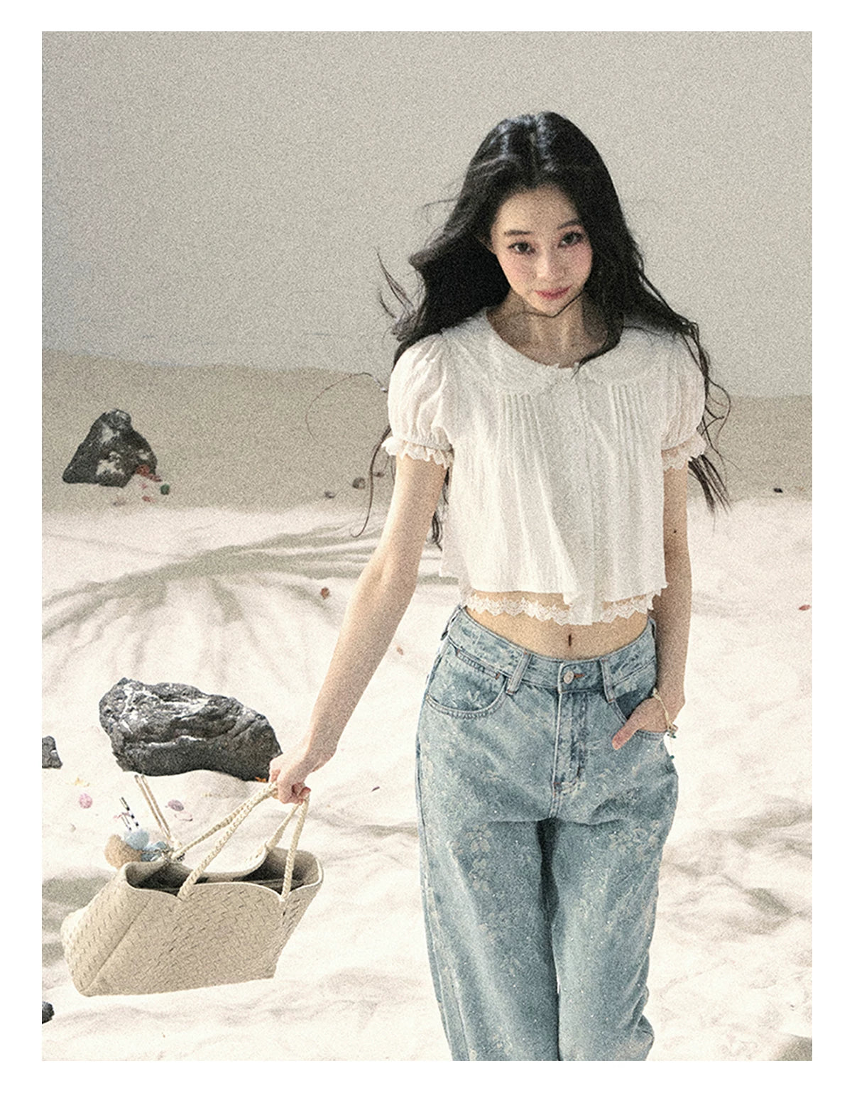 "Speechless Moonlight" Cloud White Lace Puff Sleeve Crop Top 74555