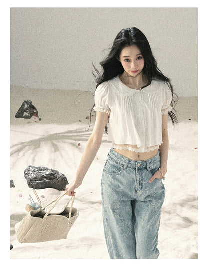 "Speechless Moonlight" Cloud White Lace Puff Sleeve Crop Top 74555